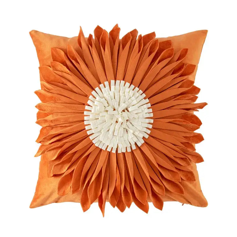 Orange velvet handmade flower cushion cover with three-dimensional sunflower design and white center for living room decorbites decor
