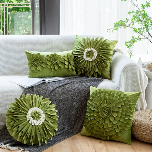Olive green handmade flower cushion cover with layered fabric petals and white center accents for living room decorbites decor