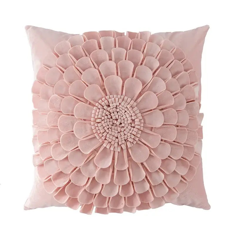Soft pink velvet handmade flower cushion cover with layered ruffled petals for decorbites living room decor