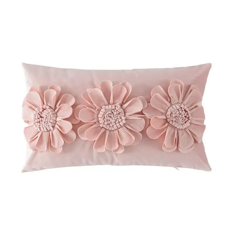 A soft pink handmade flower cushion cover with three dimensional fabric flowers for decorbites living room decor