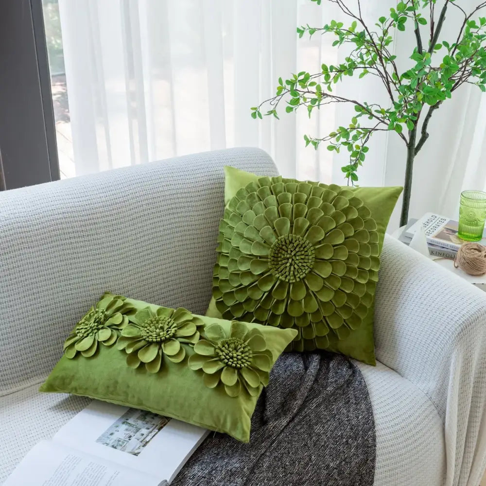 Olive green velvet cushion cover with three-dimensional floral appliqués by decorbites handmade flower for living room decor