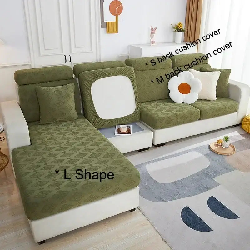 Olive green patterned jacquard l-shaped sofa seat cover with subtle diamond pattern and elasticized edges for living room protection