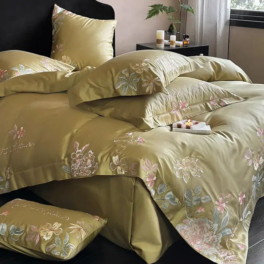 Olive green satin bedding set with delicate pink white and light blue cotton flowers embroidery for bedroom use