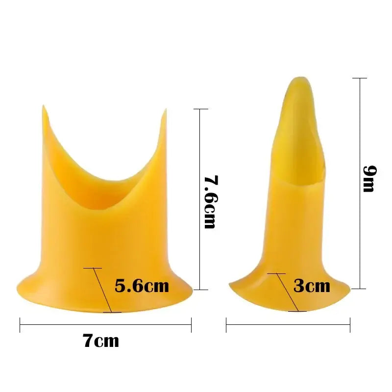 Yellow silicone finger protector with u-shaped curved opening and tapered tip for vegetable cutter corer seed remover use