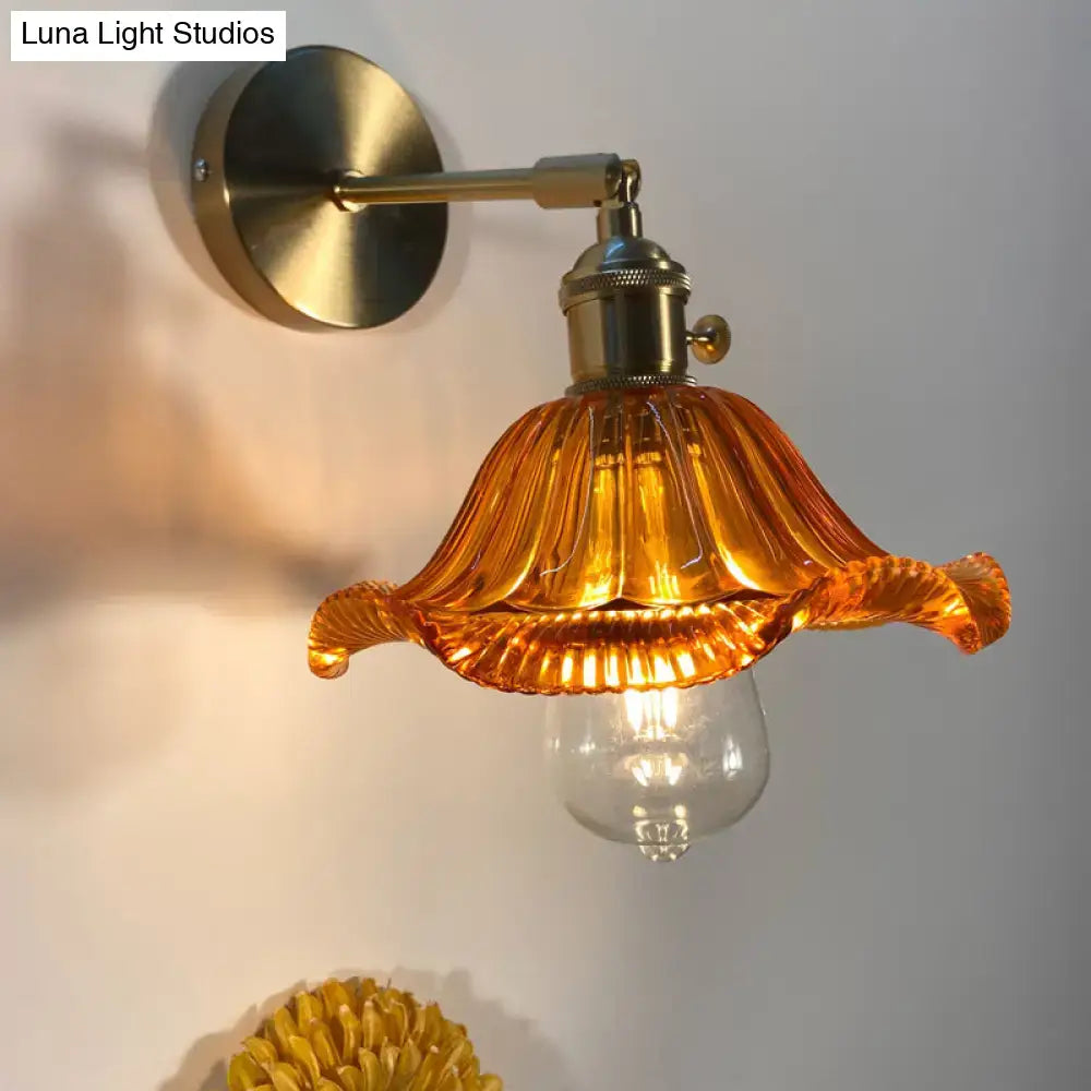 Orange and gold fluted glass wall lamp with warm amber glass shade for bedroom wall lighting