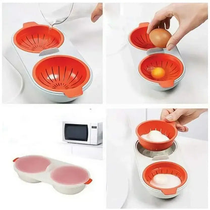 Orange and white silicone egg boiler steamer double cup with two compartments for boiling eggs and kitchen separation