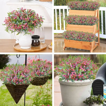 A lush pink babysbreath lover fruit artificial plant with green foliage in a white ceramic pitcher for garden decor