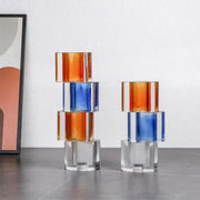 Stacked cylindrical orange and blue clear crystal mosaic vase candle holders with acrylic bases for living room decorbites clear crystal