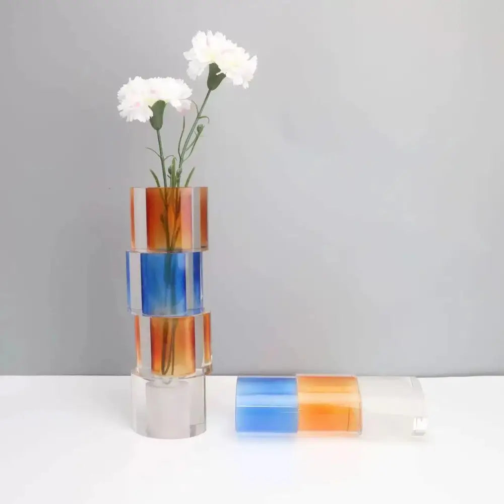 Stacked translucent orange blue and clear acrylic crystal mosaic vase with white carnations for decorbites clear crystal display