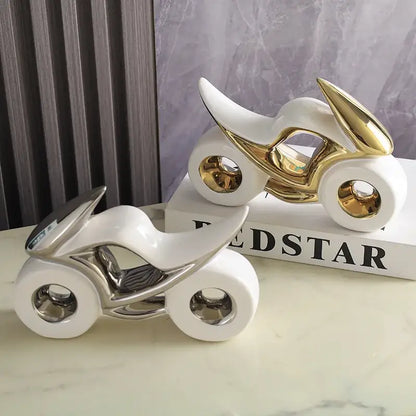 White and gold ceramic motorcycle light decoration with sleek modern design for living room decor