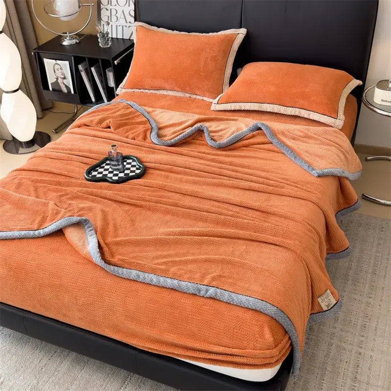 Orange plush velvet blanket with gray carved velvet trim and matching pillowcases for living room decorbites throw