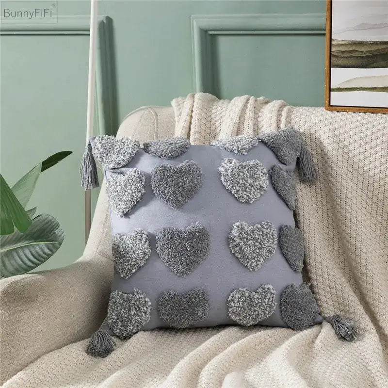 Gray plush heart embroidery cushion cover with tassel accents for living room decorbites heart embroidery design