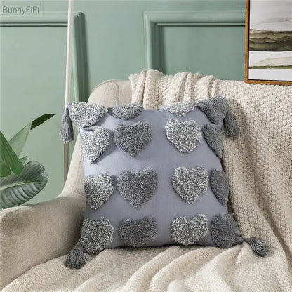 Gray plush heart embroidery cushion cover with tassel accents for living room decorbites heart embroidery design