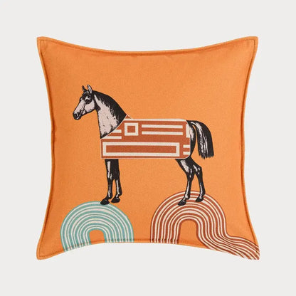 Orange horse 45x45 square throw pillowcase with geometric horse design and rainbow arcs for living room decorbites 45x45 square
