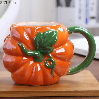 Vibrant orange fruit ceramic cup with glossy finish and green leafy stem handle for kitchen breakfast by zizi fish decorbites colorful fruit