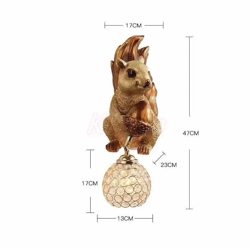 Golden squirrel crystal led wall lamp with orange figurine and crystal globe base for bedroom decorbites crystal led wall lamp