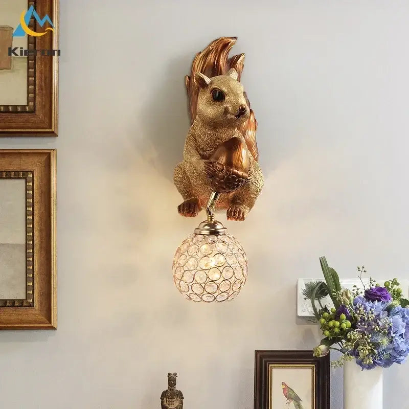 Orange golden squirrel-shaped wall lamp with decorbites crystal led globe lampshade for bedroom sconce decor