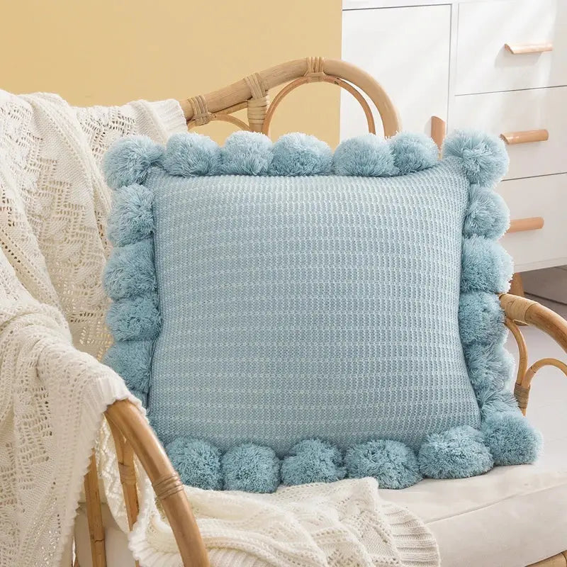 Light blue textured ball cushion cover with fluffy pom-pom trim for living room decor and cushion cover use