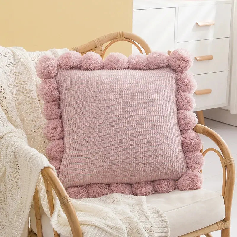 Pink knitted ball cushion cover with fluffy pom-pom trim for living room decor textured ball cushion cover