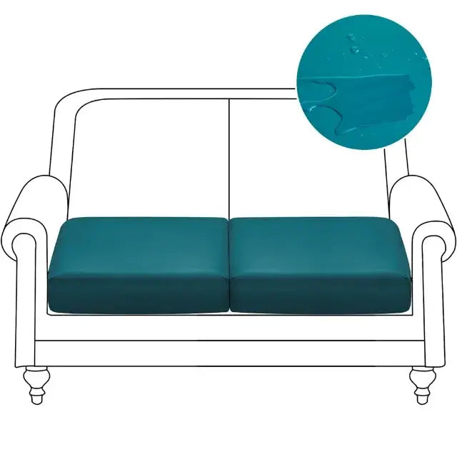 Teal water-resistant cushion cover for two-seater sofa paired with orange waterproof PU leather sofa seat cover protector