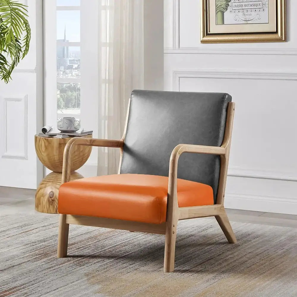Modern armchair with sleek gray leather back and vibrant orange waterproof PU leather seat cover for living room protection