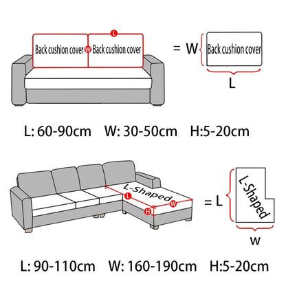 Back side of l-shaped sofa back cushion cover in gray fabric with precise l and w measurements for tailored fit on orange waterproof pu leather sofa seat cover living room protector