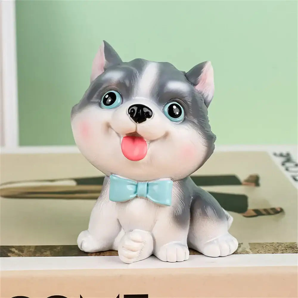 Cute gray and white husky puppy dog figurine miniature with turquoise bow tie from decorbites dog figurine miniatures set