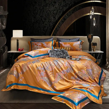 Orchid-patterned golden orange and teal satin duvet bedding set made of egyptian cotton silk jacquard for bedroom use