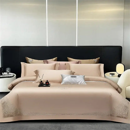 Beige satin egyptian cotton bedding set with gold decorbites jacquard embroidery and silver leaf accent pillow