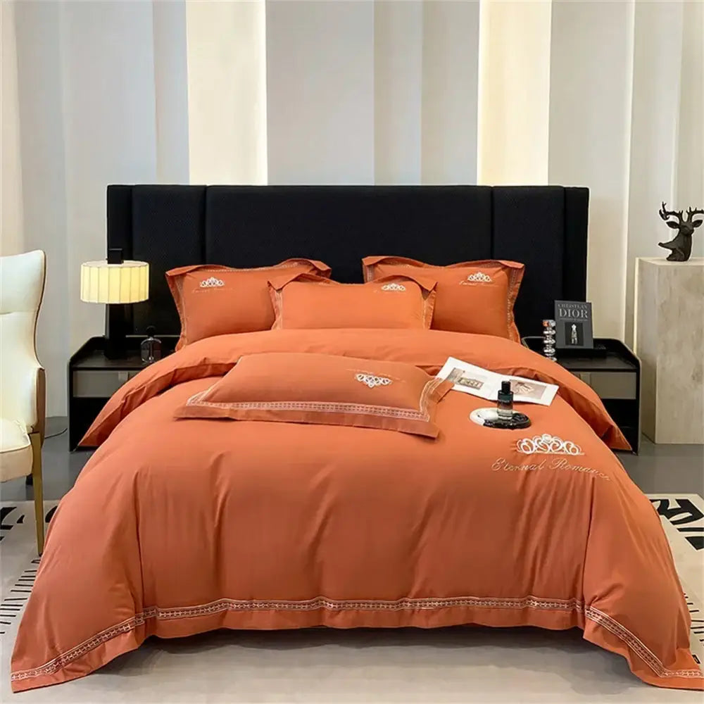 Orchid satin bedding set with gold embroidery and blessed romance script made from decorbites 1200tc egyptian cotton