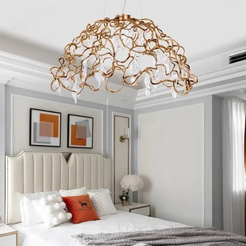 Organic copper crystal ceiling chandelier in gold-toned wrought iron with dangling crystal droplets for dining room decorbites copper crystal