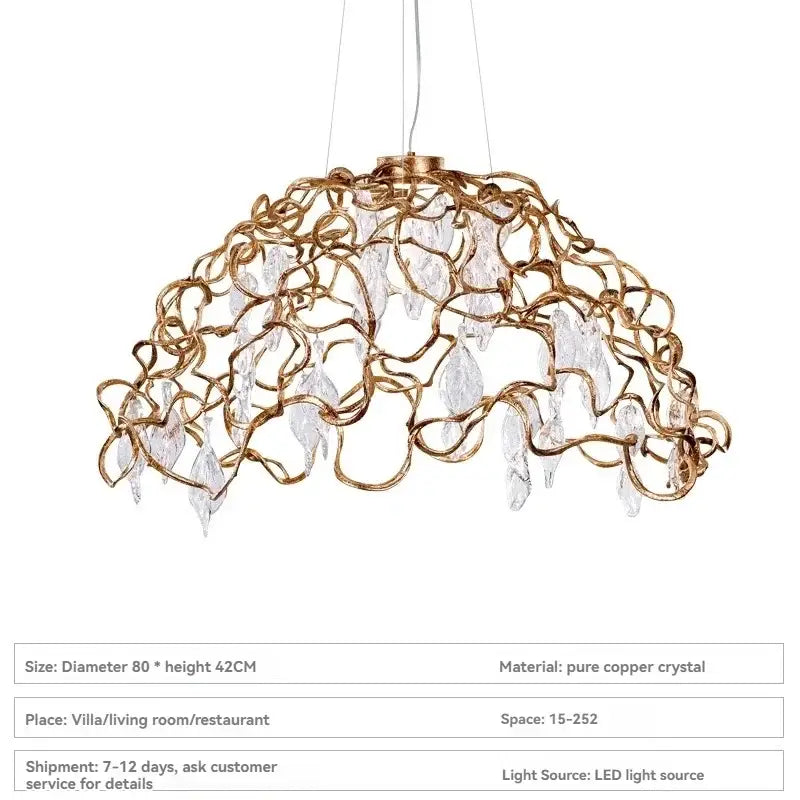 Gold-toned copper crystal ceiling chandelier with clear crystal droplets for elegant dining room decorbites copper crystal lighting