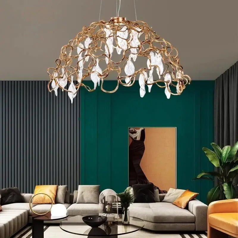 Gold-toned copper crystal ceiling chandelier with intricate wireframe and clear teardrop pendants for decorbites copper crystal decor