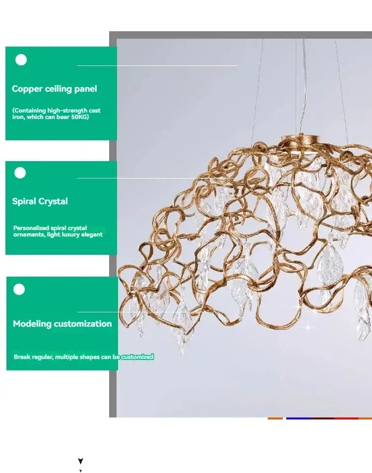 Organic copper crystal ceiling chandelier with gold-toned intricate spiral crystal decorbites copper crystal design
