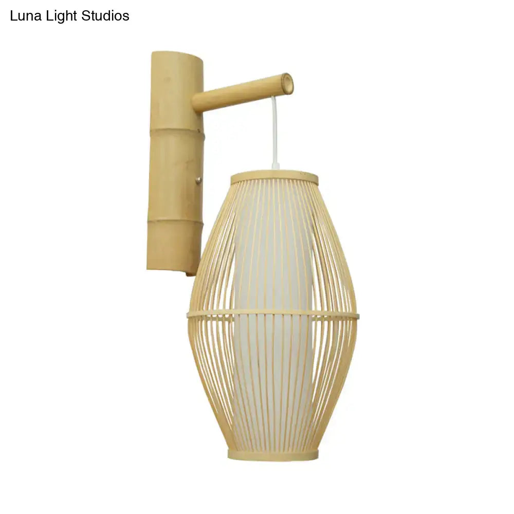 Natural bamboo wall lamp with woven beige rattan shade designed for e26 e27 bedroom sconce lighting
