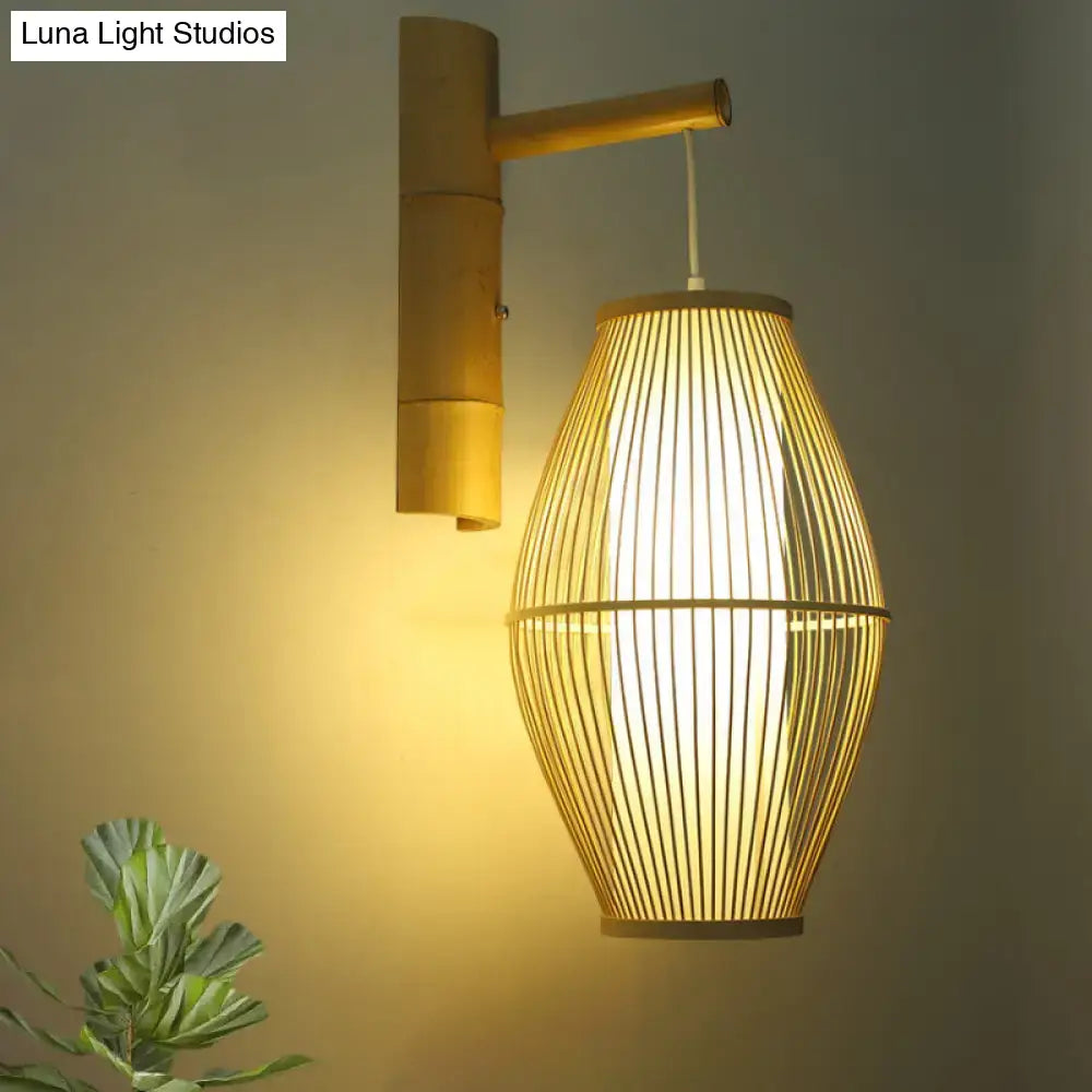 Warm-toned oriental bamboo woven wall lamp with beige vertically slatted lampshade compatible with e26 e27 bulbs