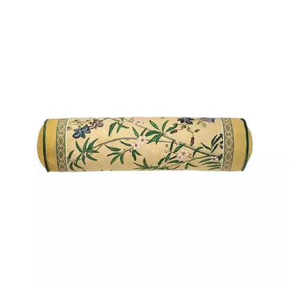 Cream-colored orchid velvet lumbar pillow cover with autum orchid velvet botanical print and gold green borders for bedroom decor