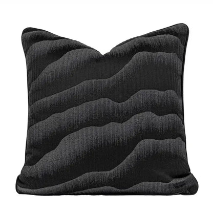 Black pillow cover with textured wavy gray stripes complementing oriental art gold floral jacquard living room decor