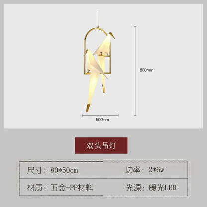Gold-toned double-headed origami crane bird design led pendant light in white gold pp material for dining room decorbites bird design