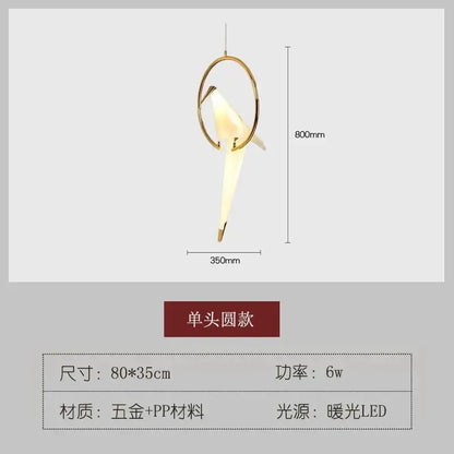 Gold-toned origami crane bird design led pendant light crafted from metal and pp for warm dining room decorbites bird design