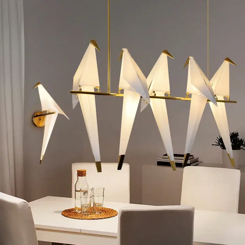 Elegant white origami crane bird design led pendant light with gold-toned metal accents for dining room decorbites bird design