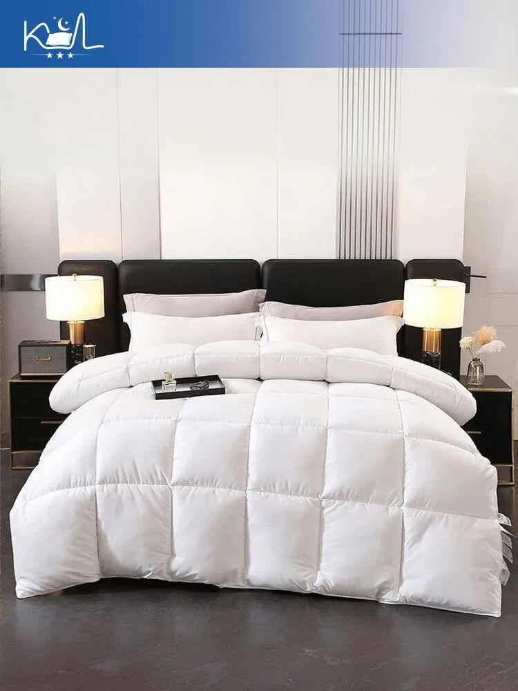 White quilted comforter with plush soft texture made of 95% white goose down for warm spring autumn winter use