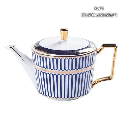 Elegant white porcelain bone china tea pot with navy blue stripes and gold trim in ornate 18th century decorbites style