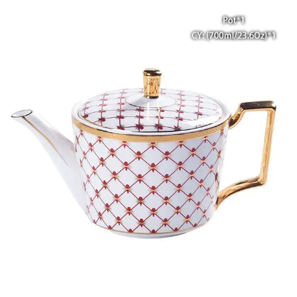 Ornate 18th century scene bone china tea pot with red and gold lattice pattern and gold trim decorbites bone china tea