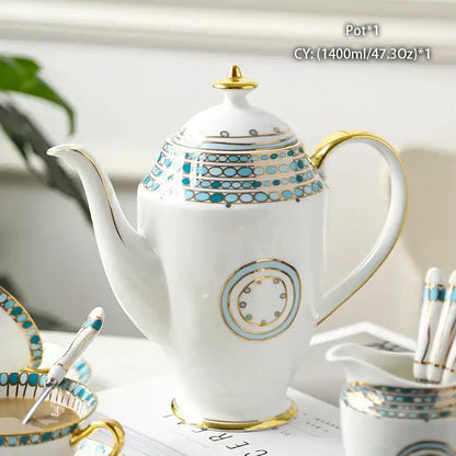 Ornate 18th century scene bone china tea pot with gold trim and turquoise patterns by decorbites bone china