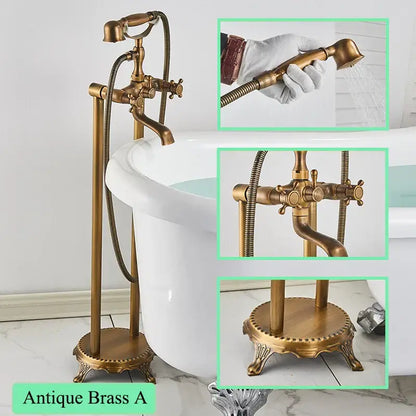 Ornate antique brass freestanding bathtub filler with intricate detailing and handheld showerhead for freestanding bathtubs