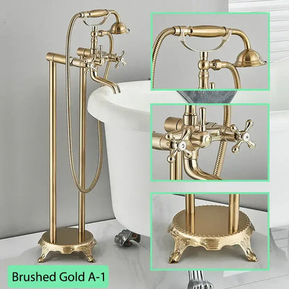 Brushed gold ornate antique brass freestanding bathtub filler with ornate handles and handheld showerhead