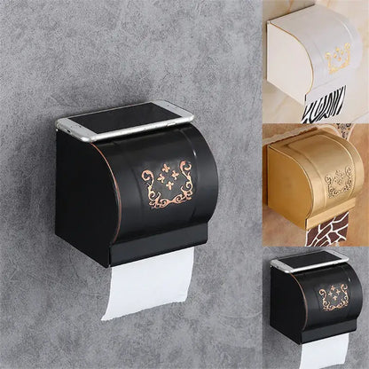 Ornate black carved aluminum toilet paper holder with gold detailing and sleek curved design for bathroom use by decorbites black carved