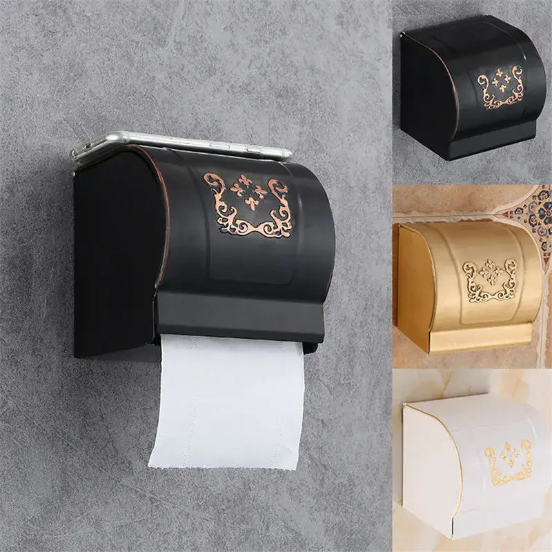 Ornate black carved aluminum toilet paper holder with gold floral design for bathroom decorbites black carved style