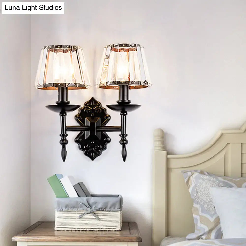Ornate black finish wall light with two crystal prisms lampshades for elegant bedroom sconce lighting